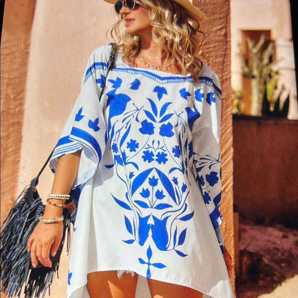 025. Blue Floral Women's Swim Cover-Up